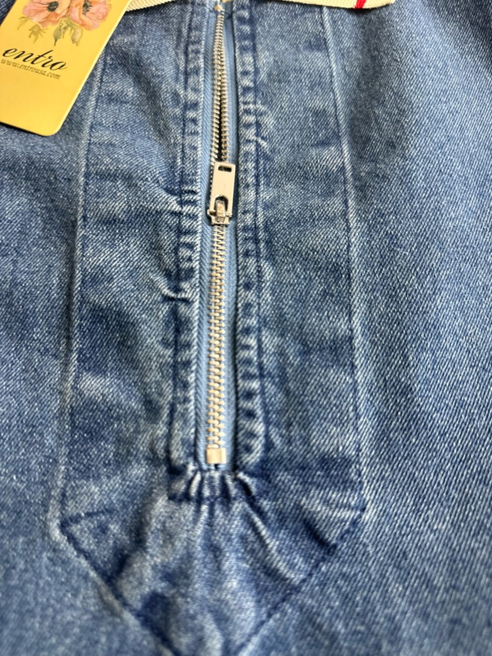 Entro women’s S sleeveless denim dress with side pockets front zip cream trim - Picture 12 of 13
